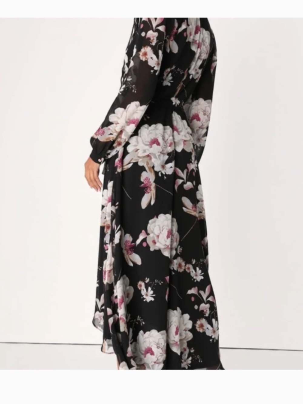 Lulu’s Blissful Thinking Black Floral Print High-Low Wrap Dress - Picture 2 of 9